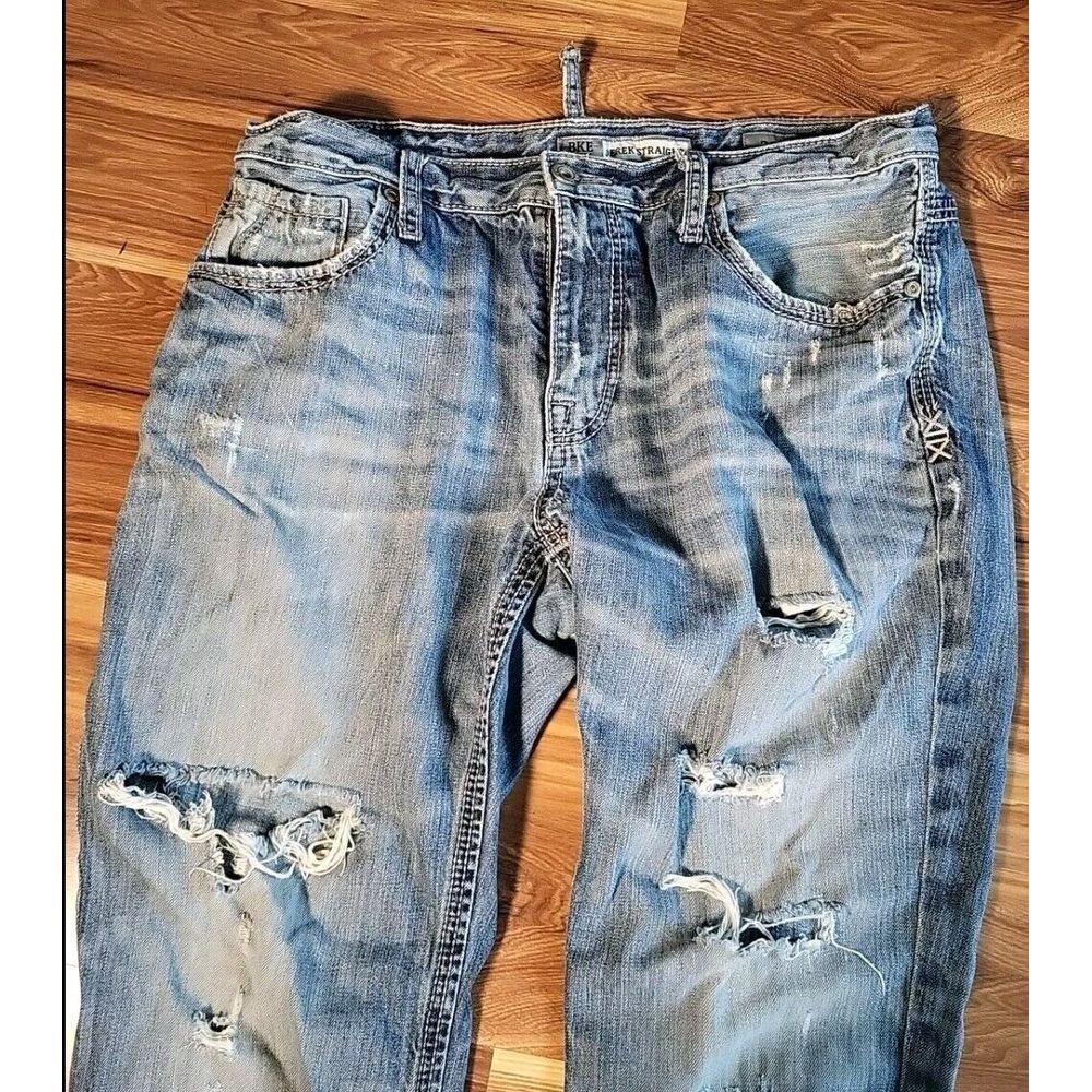 BKE Derek Straight Jeans Heavily Distressed 36x26 Ripped Mens 36R Frayed Grunge‎